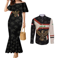 Iraq Golden Eagle Emblem Couples Matching Mermaid Dress and Long Sleeve Button Shirt with Flag Stripes and National Arabic Script Design - Wonder Print Shop