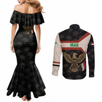 Iraq Golden Eagle Emblem Couples Matching Mermaid Dress and Long Sleeve Button Shirt with Flag Stripes and National Arabic Script Design - Wonder Print Shop