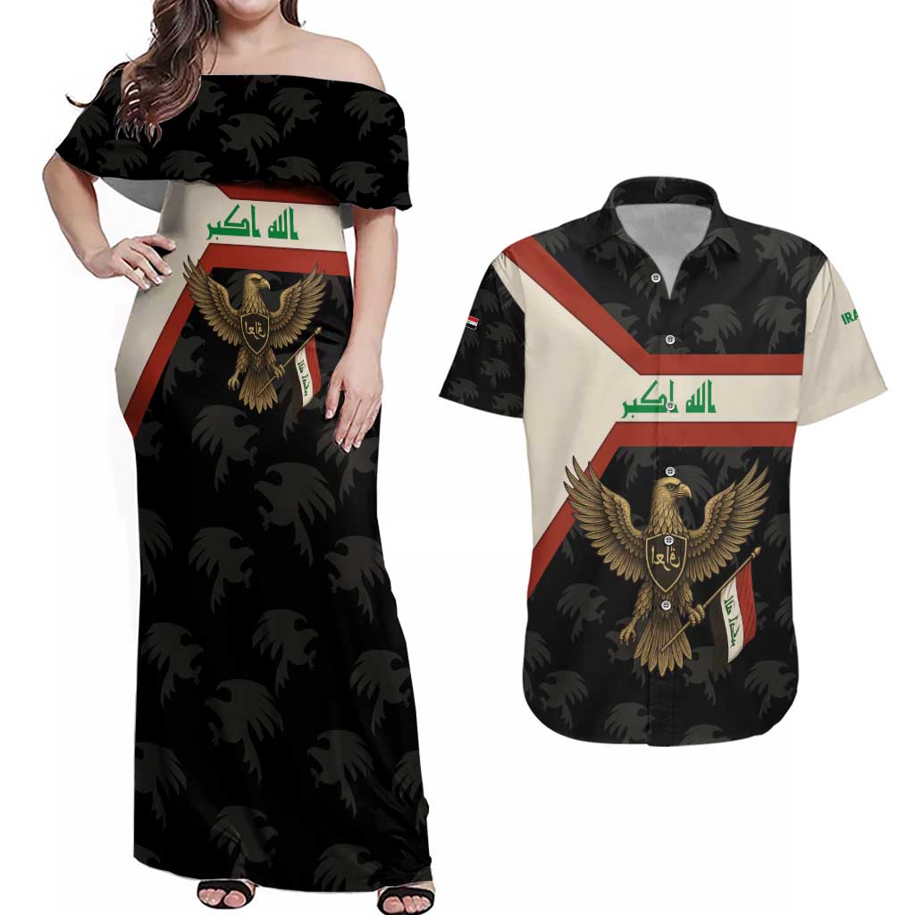 Iraq Golden Eagle Emblem Couples Matching Off Shoulder Maxi Dress and Hawaiian Shirt with Flag Stripes and National Arabic Script Design - Wonder Print Shop