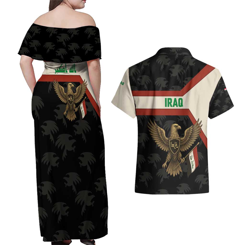 Iraq Golden Eagle Emblem Couples Matching Off Shoulder Maxi Dress and Hawaiian Shirt with Flag Stripes and National Arabic Script Design - Wonder Print Shop