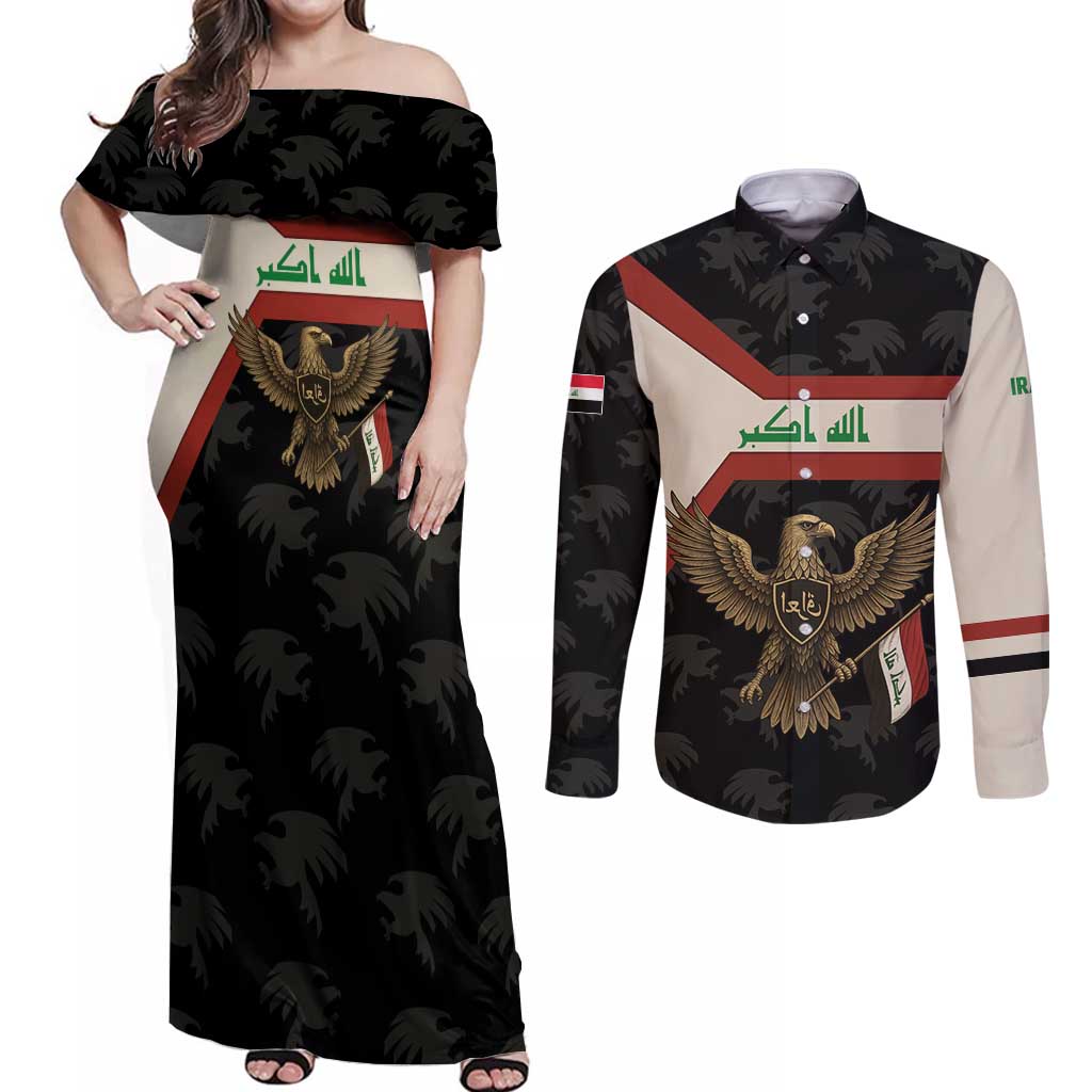 Iraq Golden Eagle Emblem Couples Matching Off Shoulder Maxi Dress and Long Sleeve Button Shirt with Flag Stripes and National Arabic Script Design - Wonder Print Shop