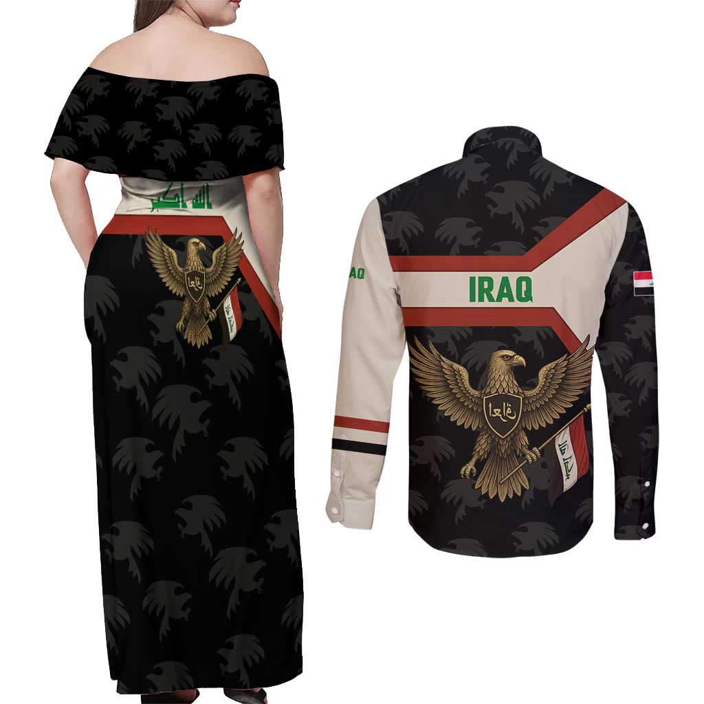 Iraq Golden Eagle Emblem Couples Matching Off Shoulder Maxi Dress and Long Sleeve Button Shirt with Flag Stripes and National Arabic Script Design - Wonder Print Shop