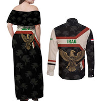 Iraq Golden Eagle Emblem Couples Matching Off Shoulder Maxi Dress and Long Sleeve Button Shirt with Flag Stripes and National Arabic Script Design - Wonder Print Shop