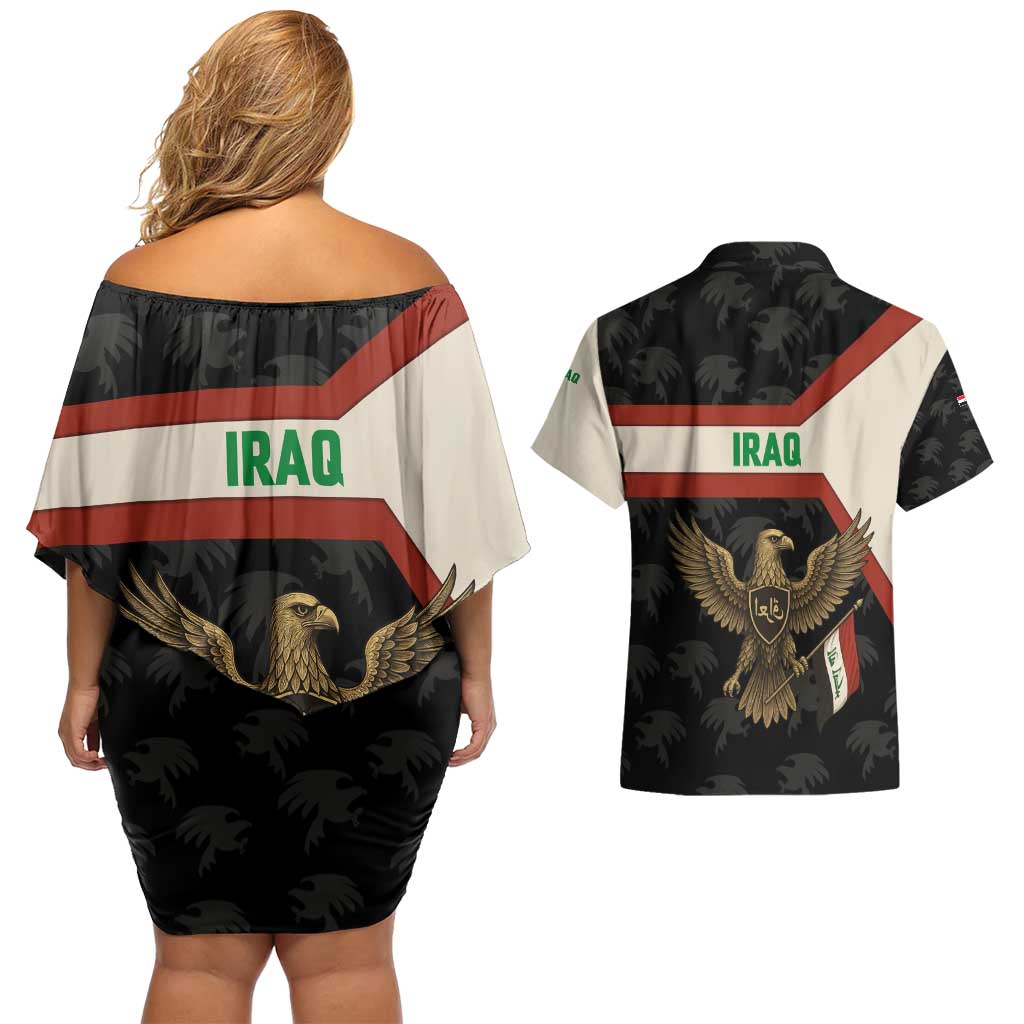 Iraq Golden Eagle Emblem Couples Matching Off Shoulder Short Dress and Hawaiian Shirt with Flag Stripes and National Arabic Script Design - Wonder Print Shop