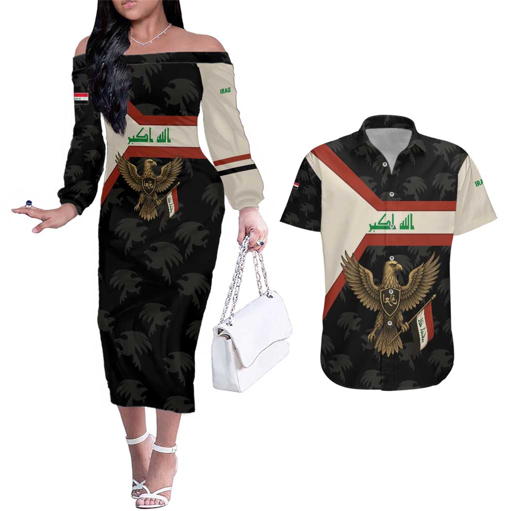Iraq Golden Eagle Emblem Couples Matching Off The Shoulder Long Sleeve Dress and Hawaiian Shirt with Flag Stripes and National Arabic Script Design - Wonder Print Shop