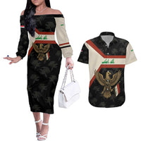 Iraq Golden Eagle Emblem Couples Matching Off The Shoulder Long Sleeve Dress and Hawaiian Shirt with Flag Stripes and National Arabic Script Design - Wonder Print Shop