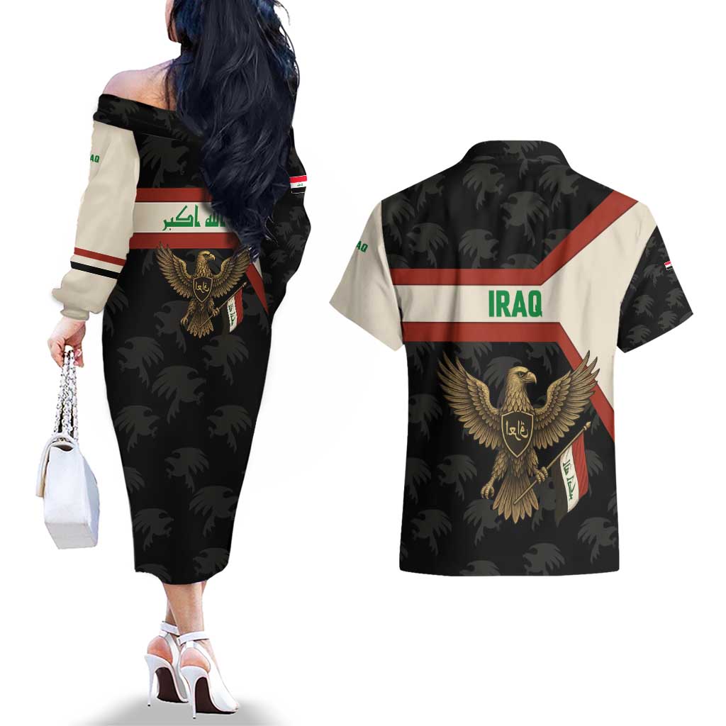 Iraq Golden Eagle Emblem Couples Matching Off The Shoulder Long Sleeve Dress and Hawaiian Shirt with Flag Stripes and National Arabic Script Design - Wonder Print Shop