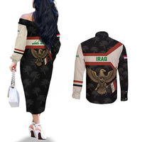 Iraq Golden Eagle Emblem Couples Matching Off The Shoulder Long Sleeve Dress and Long Sleeve Button Shirt with Flag Stripes and National Arabic Script Design - Wonder Print Shop