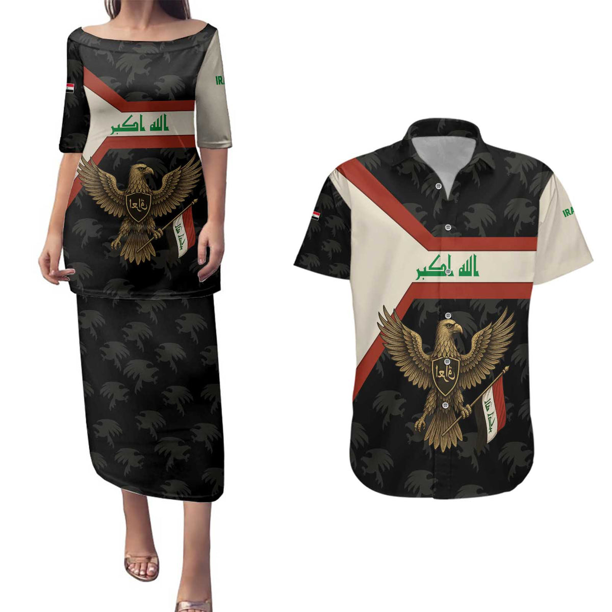 Iraq Golden Eagle Emblem Couples Matching Puletasi and Hawaiian Shirt with Flag Stripes and National Arabic Script Design - Wonder Print Shop