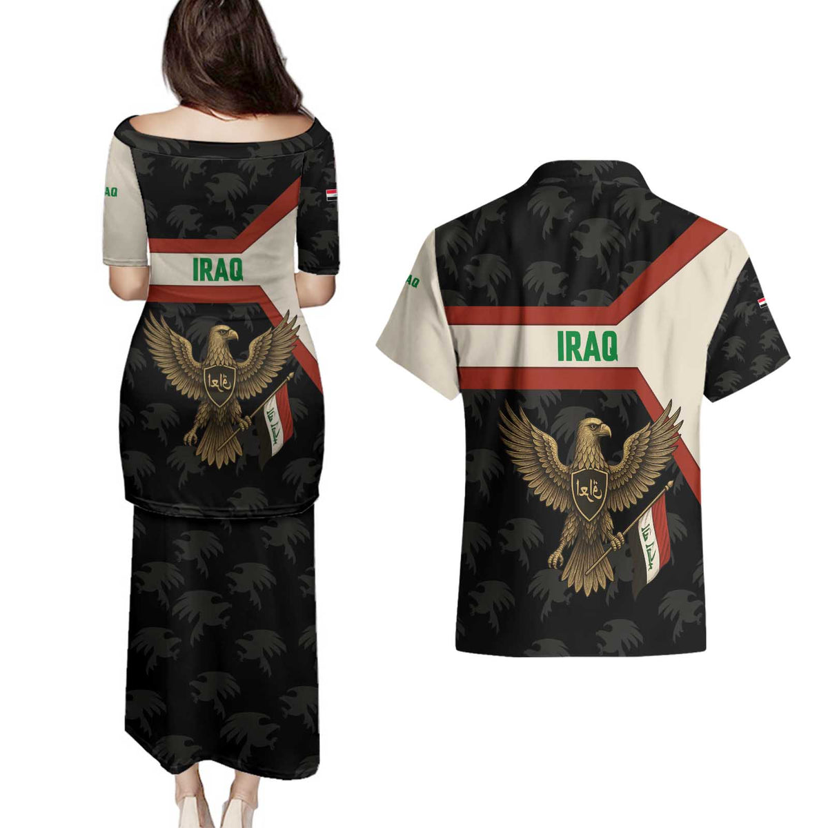 Iraq Golden Eagle Emblem Couples Matching Puletasi and Hawaiian Shirt with Flag Stripes and National Arabic Script Design - Wonder Print Shop