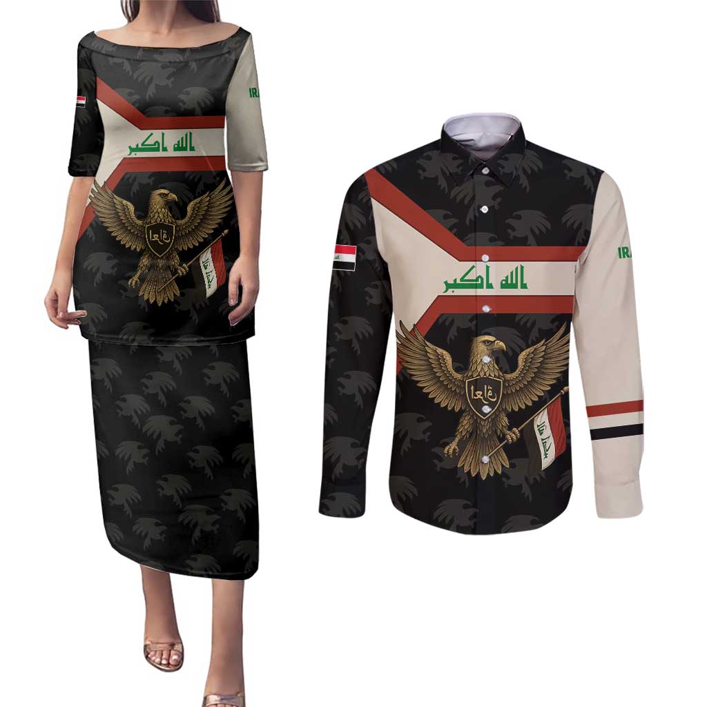 Iraq Golden Eagle Emblem Couples Matching Puletasi and Long Sleeve Button Shirt with Flag Stripes and National Arabic Script Design - Wonder Print Shop