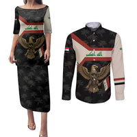 Iraq Golden Eagle Emblem Couples Matching Puletasi and Long Sleeve Button Shirt with Flag Stripes and National Arabic Script Design - Wonder Print Shop
