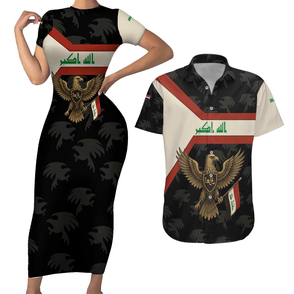 Iraq Golden Eagle Emblem Couples Matching Short Sleeve Bodycon Dress and Hawaiian Shirt with Flag Stripes and National Arabic Script Design - Wonder Print Shop