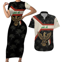 Iraq Golden Eagle Emblem Couples Matching Short Sleeve Bodycon Dress and Hawaiian Shirt with Flag Stripes and National Arabic Script Design - Wonder Print Shop