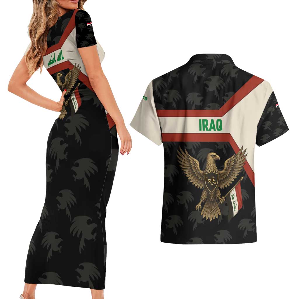 Iraq Golden Eagle Emblem Couples Matching Short Sleeve Bodycon Dress and Hawaiian Shirt with Flag Stripes and National Arabic Script Design - Wonder Print Shop