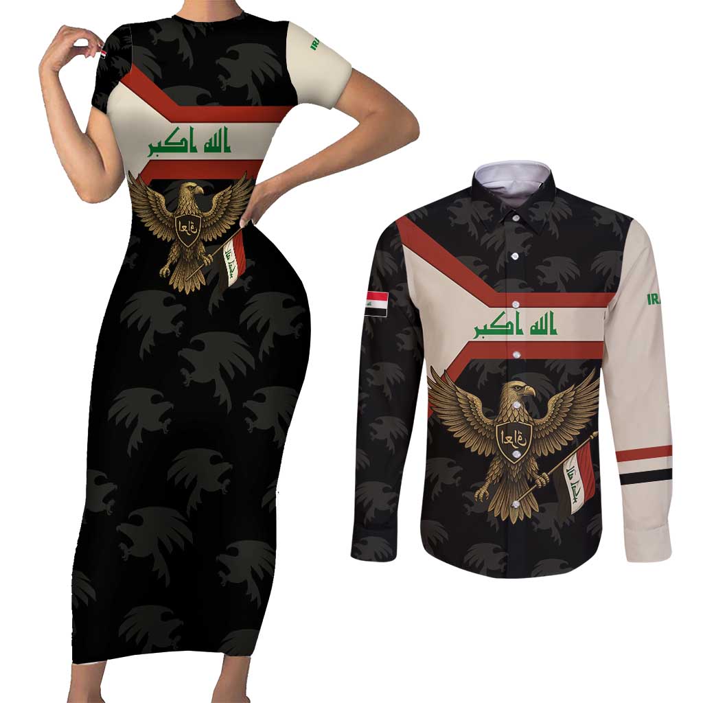 Iraq Golden Eagle Emblem Couples Matching Short Sleeve Bodycon Dress and Long Sleeve Button Shirt with Flag Stripes and National Arabic Script Design - Wonder Print Shop