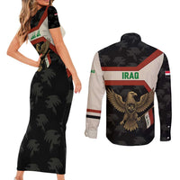 Iraq Golden Eagle Emblem Couples Matching Short Sleeve Bodycon Dress and Long Sleeve Button Shirt with Flag Stripes and National Arabic Script Design - Wonder Print Shop