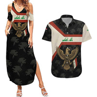 Iraq Golden Eagle Emblem Couples Matching Summer Maxi Dress and Hawaiian Shirt with Flag Stripes and National Arabic Script Design - Wonder Print Shop