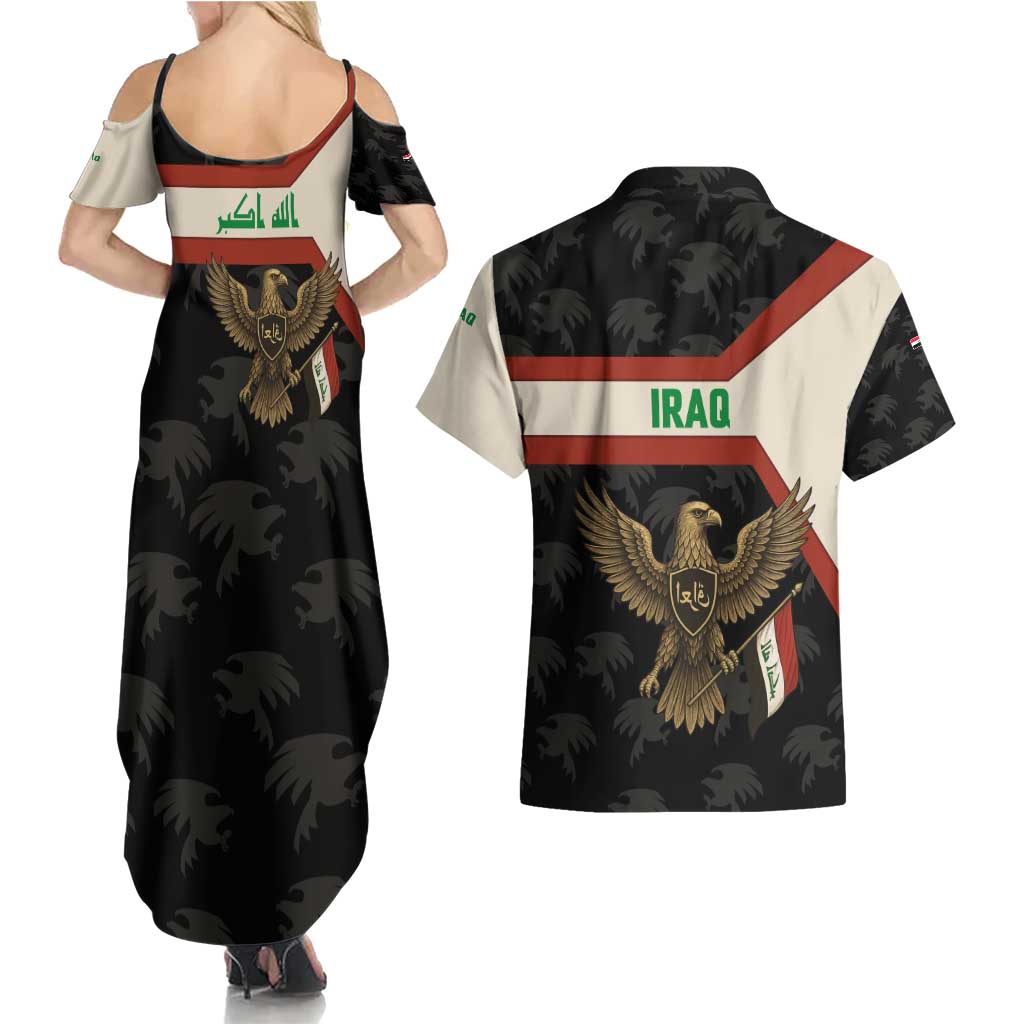Iraq Golden Eagle Emblem Couples Matching Summer Maxi Dress and Hawaiian Shirt with Flag Stripes and National Arabic Script Design - Wonder Print Shop
