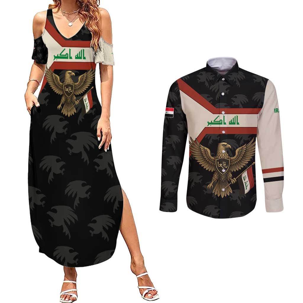 Iraq Golden Eagle Emblem Couples Matching Summer Maxi Dress and Long Sleeve Button Shirt with Flag Stripes and National Arabic Script Design - Wonder Print Shop