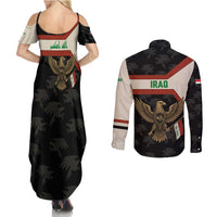 Iraq Golden Eagle Emblem Couples Matching Summer Maxi Dress and Long Sleeve Button Shirt with Flag Stripes and National Arabic Script Design - Wonder Print Shop