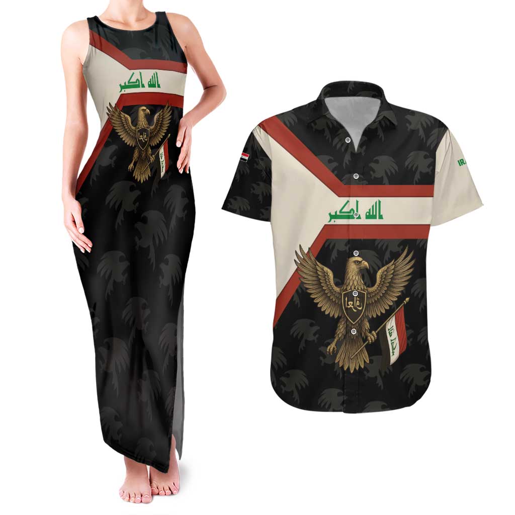Iraq Golden Eagle Emblem Couples Matching Tank Maxi Dress and Hawaiian Shirt with Flag Stripes and National Arabic Script Design - Wonder Print Shop