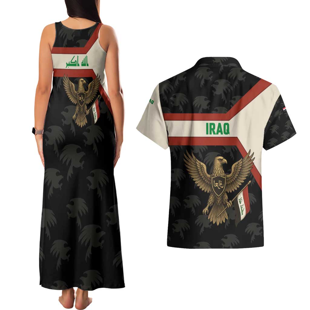 Iraq Golden Eagle Emblem Couples Matching Tank Maxi Dress and Hawaiian Shirt with Flag Stripes and National Arabic Script Design - Wonder Print Shop