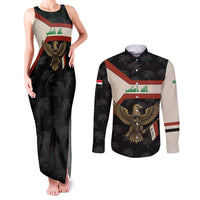 Iraq Golden Eagle Emblem Couples Matching Tank Maxi Dress and Long Sleeve Button Shirt with Flag Stripes and National Arabic Script Design - Wonder Print Shop