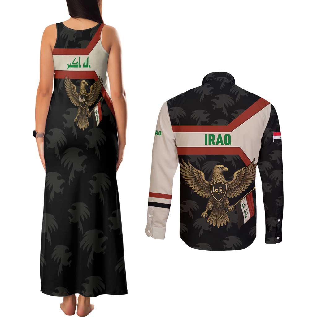 Iraq Golden Eagle Emblem Couples Matching Tank Maxi Dress and Long Sleeve Button Shirt with Flag Stripes and National Arabic Script Design - Wonder Print Shop