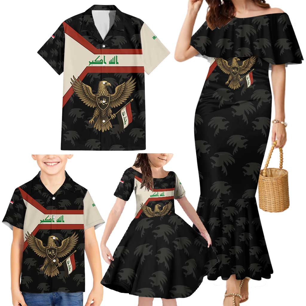 Iraq Golden Eagle Emblem Family Matching Mermaid Dress and Hawaiian Shirt with Flag Stripes and National Arabic Script Design - Wonder Print Shop