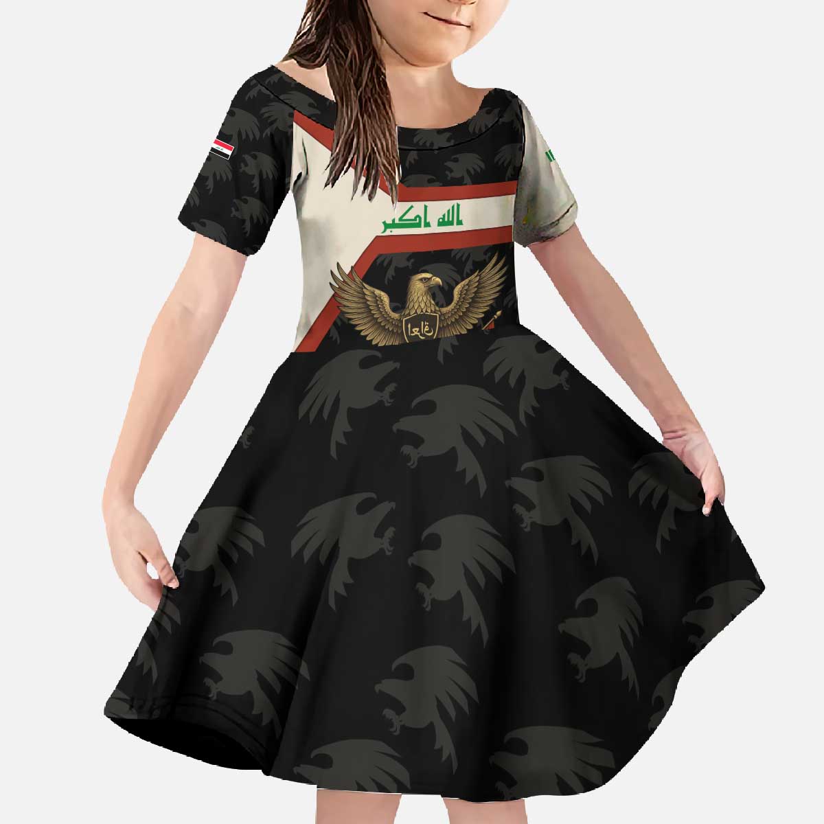 Iraq Golden Eagle Emblem Family Matching Off The Shoulder Long Sleeve Dress and Hawaiian Shirt with Flag Stripes and National Arabic Script Design - Wonder Print Shop