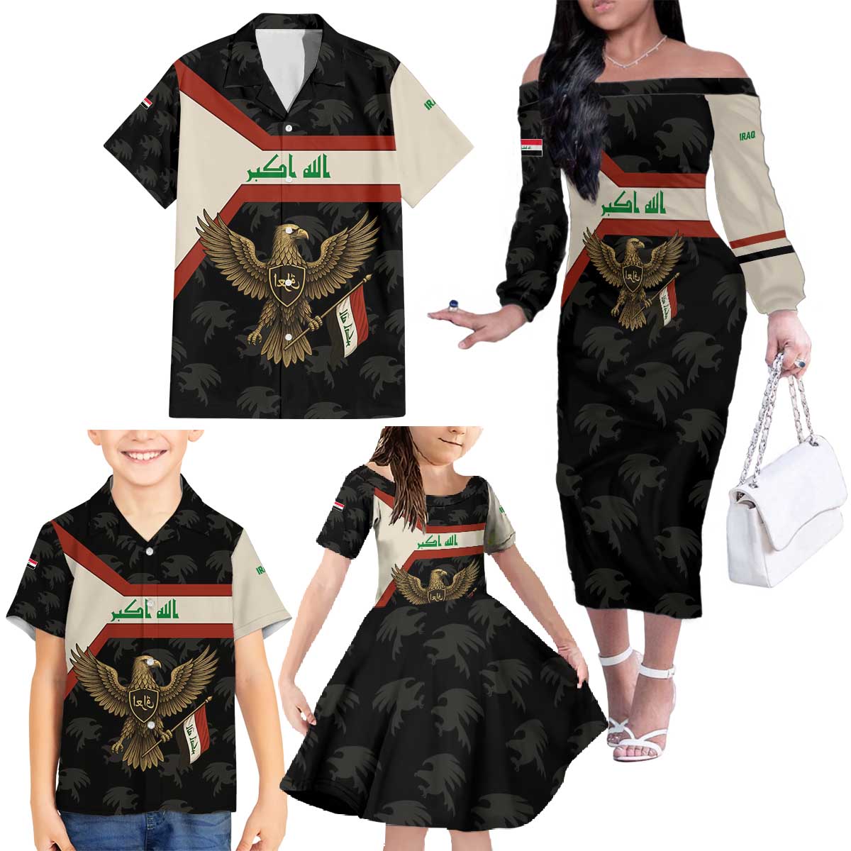 Iraq Golden Eagle Emblem Family Matching Off The Shoulder Long Sleeve Dress and Hawaiian Shirt with Flag Stripes and National Arabic Script Design - Wonder Print Shop