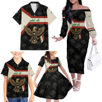Iraq Golden Eagle Emblem Family Matching Off The Shoulder Long Sleeve Dress and Hawaiian Shirt with Flag Stripes and National Arabic Script Design - Wonder Print Shop