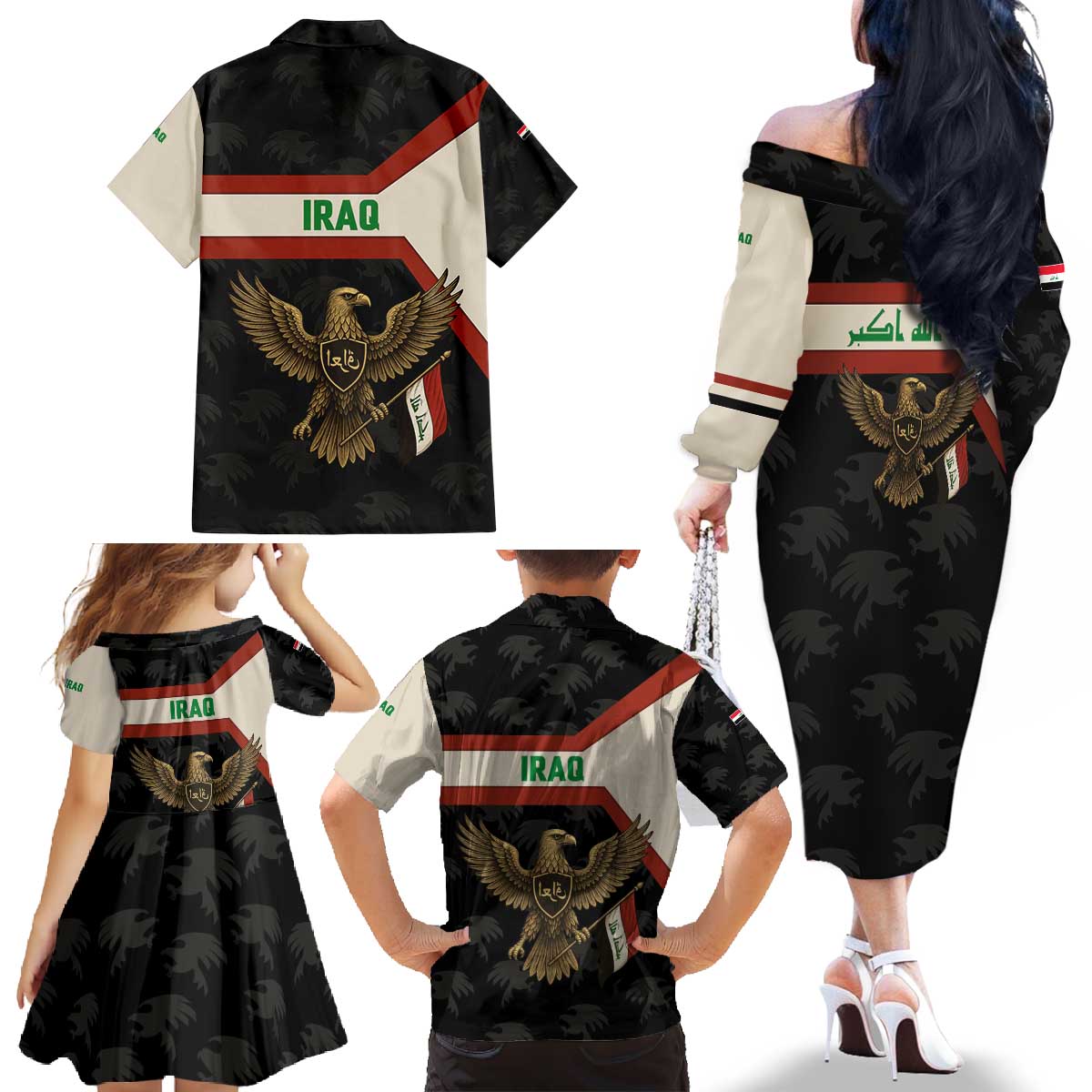 Iraq Golden Eagle Emblem Family Matching Off The Shoulder Long Sleeve Dress and Hawaiian Shirt with Flag Stripes and National Arabic Script Design - Wonder Print Shop
