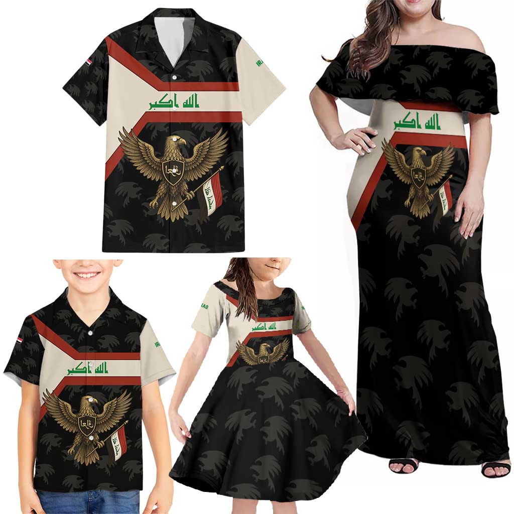 Iraq Golden Eagle Emblem Family Matching Off Shoulder Maxi Dress and Hawaiian Shirt with Flag Stripes and National Arabic Script Design - Wonder Print Shop