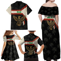 Iraq Golden Eagle Emblem Family Matching Off Shoulder Maxi Dress and Hawaiian Shirt with Flag Stripes and National Arabic Script Design - Wonder Print Shop