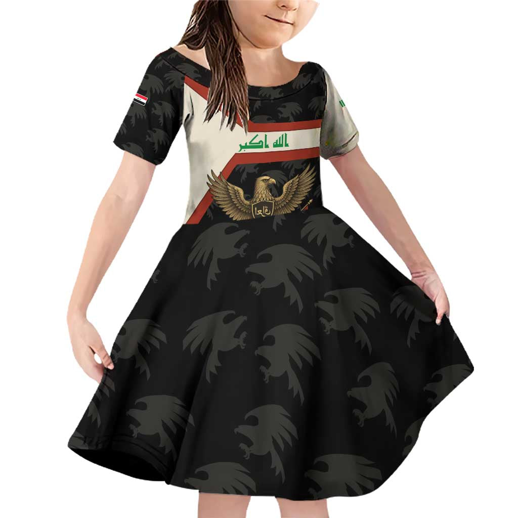 Iraq Golden Eagle Emblem Family Matching Off Shoulder Short Dress and Hawaiian Shirt with Flag Stripes and National Arabic Script Design - Wonder Print Shop