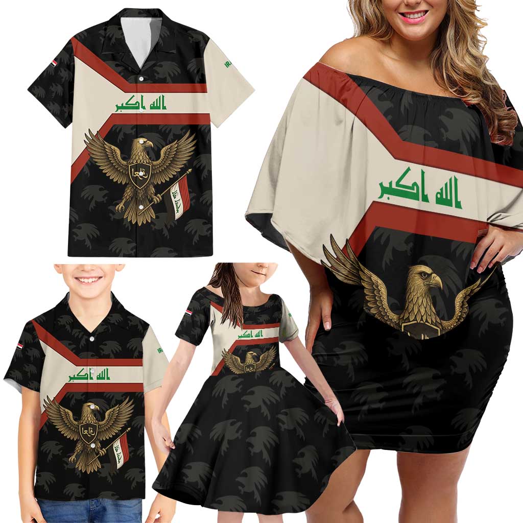 Iraq Golden Eagle Emblem Family Matching Off Shoulder Short Dress and Hawaiian Shirt with Flag Stripes and National Arabic Script Design - Wonder Print Shop
