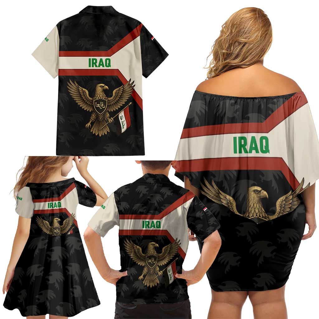 Iraq Golden Eagle Emblem Family Matching Off Shoulder Short Dress and Hawaiian Shirt with Flag Stripes and National Arabic Script Design - Wonder Print Shop