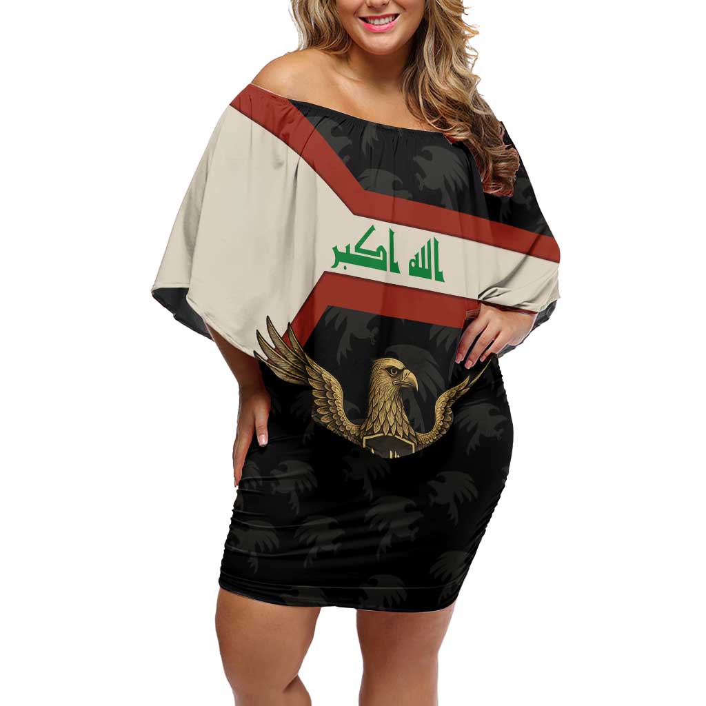 Iraq Golden Eagle Emblem Family Matching Off Shoulder Short Dress and Hawaiian Shirt with Flag Stripes and National Arabic Script Design - Wonder Print Shop