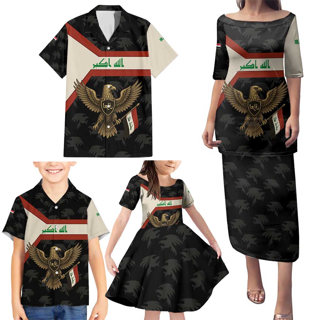 Iraq Golden Eagle Emblem Family Matching Puletasi and Hawaiian Shirt with Flag Stripes and National Arabic Script Design - Wonder Print Shop