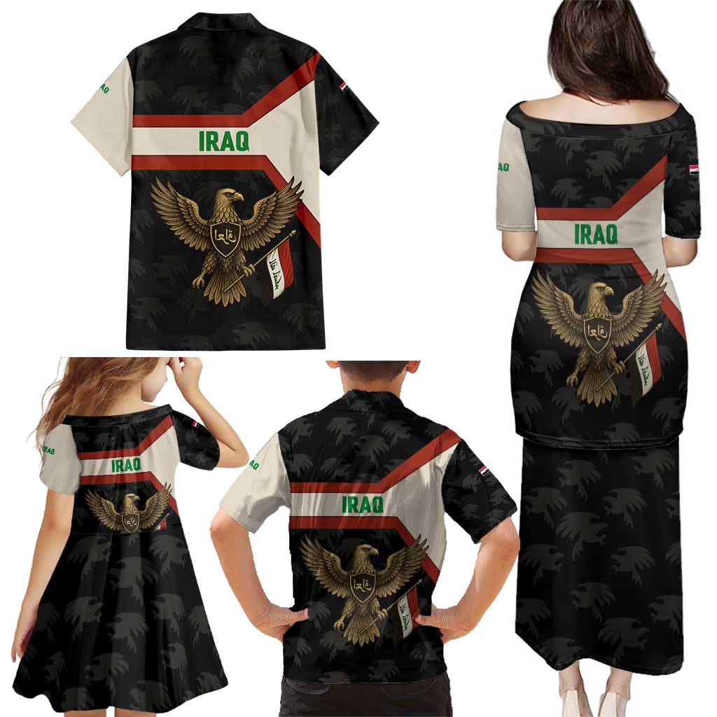 Iraq Golden Eagle Emblem Family Matching Puletasi and Hawaiian Shirt with Flag Stripes and National Arabic Script Design - Wonder Print Shop