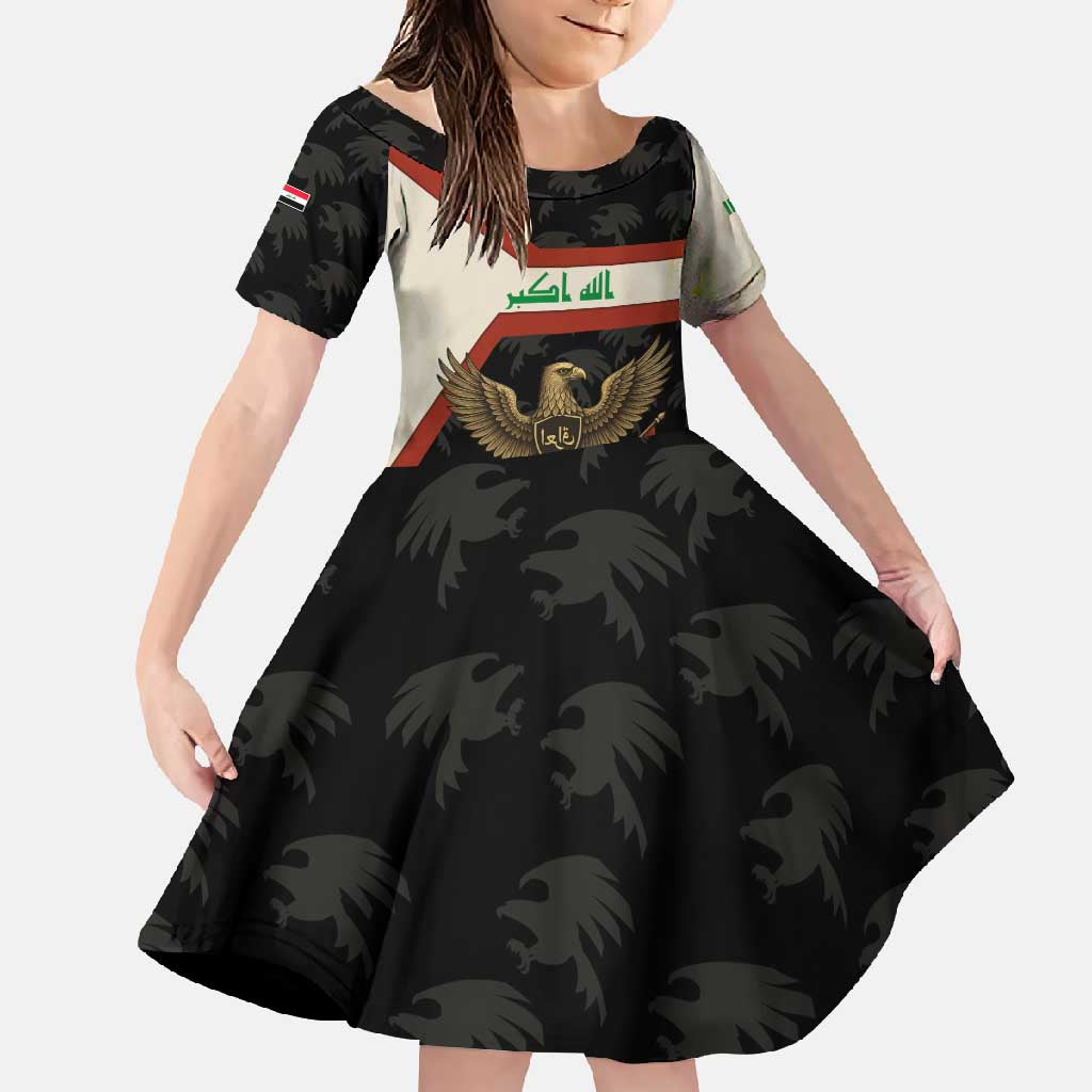Iraq Golden Eagle Emblem Family Matching Short Sleeve Bodycon Dress and Hawaiian Shirt with Flag Stripes and National Arabic Script Design - Wonder Print Shop