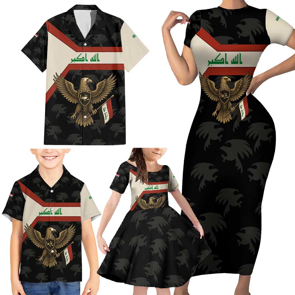 Iraq Golden Eagle Emblem Family Matching Short Sleeve Bodycon Dress and Hawaiian Shirt with Flag Stripes and National Arabic Script Design - Wonder Print Shop