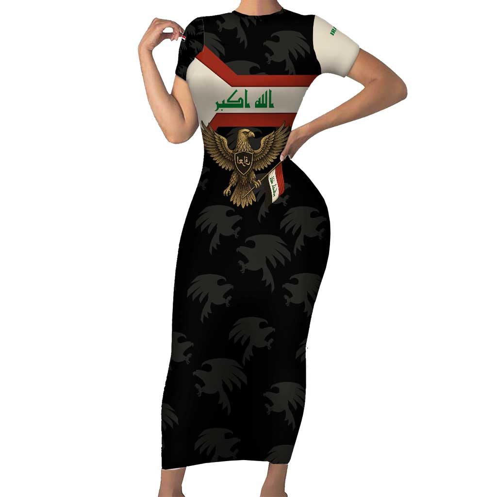Iraq Golden Eagle Emblem Family Matching Short Sleeve Bodycon Dress and Hawaiian Shirt with Flag Stripes and National Arabic Script Design - Wonder Print Shop