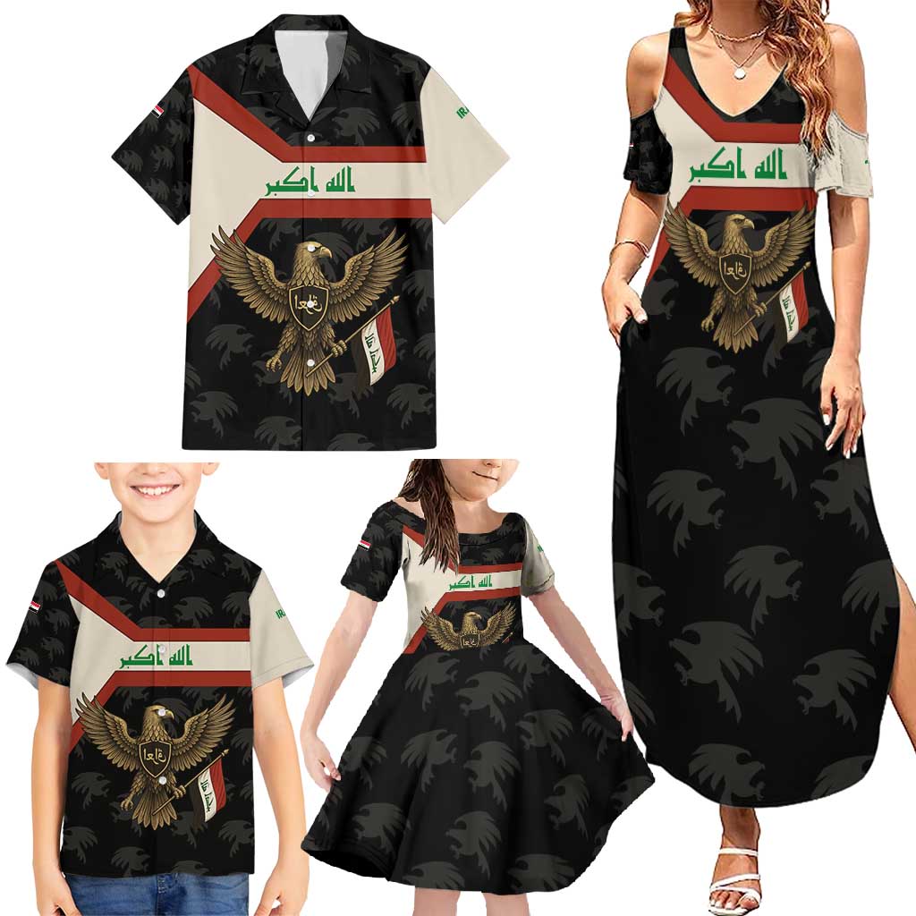 Iraq Golden Eagle Emblem Family Matching Summer Maxi Dress and Hawaiian Shirt with Flag Stripes and National Arabic Script Design - Wonder Print Shop