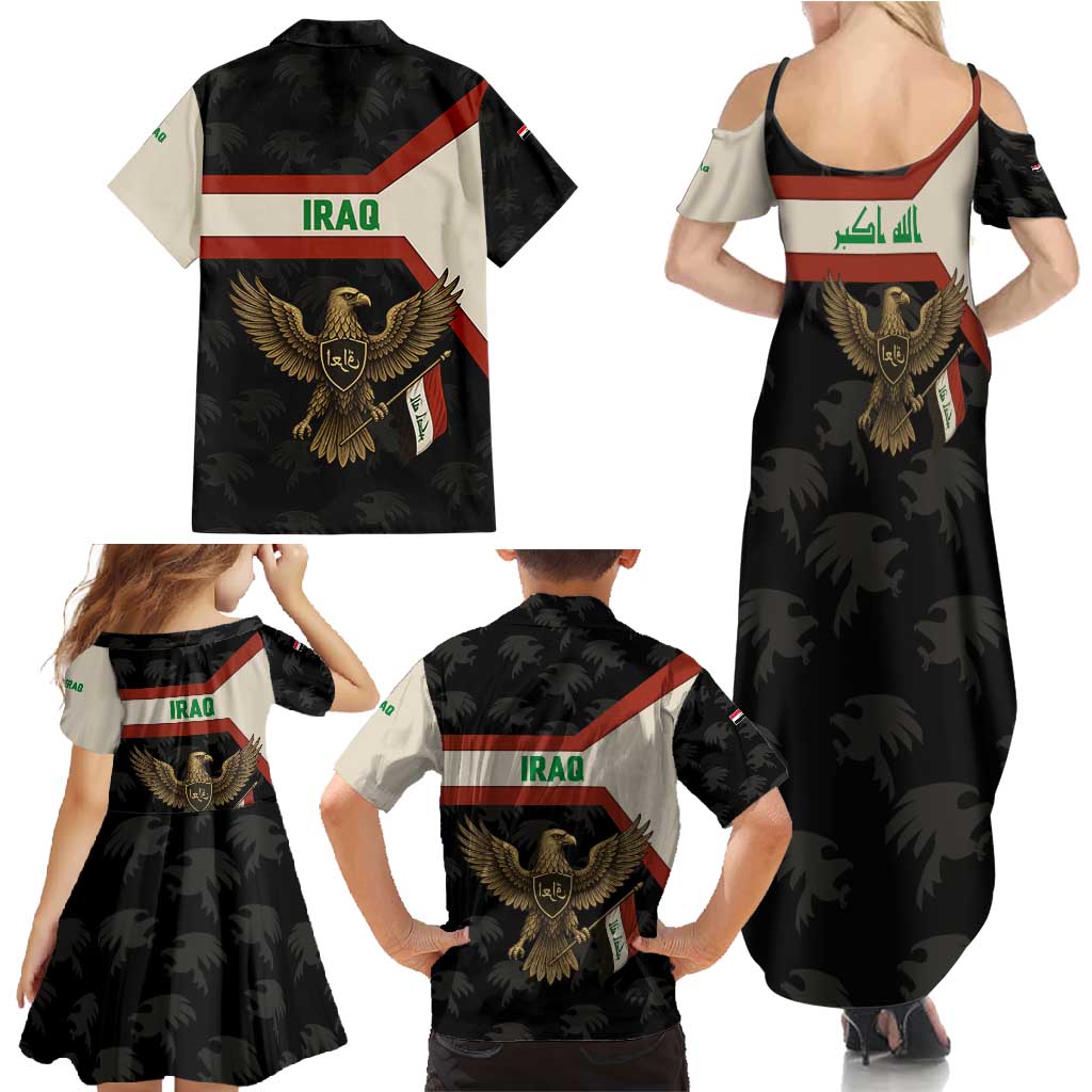 Iraq Golden Eagle Emblem Family Matching Summer Maxi Dress and Hawaiian Shirt with Flag Stripes and National Arabic Script Design - Wonder Print Shop