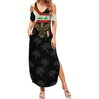 Iraq Golden Eagle Emblem Family Matching Summer Maxi Dress and Hawaiian Shirt with Flag Stripes and National Arabic Script Design - Wonder Print Shop