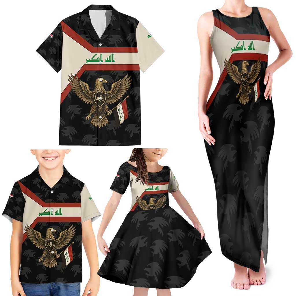 Iraq Golden Eagle Emblem Family Matching Tank Maxi Dress and Hawaiian Shirt with Flag Stripes and National Arabic Script Design - Wonder Print Shop