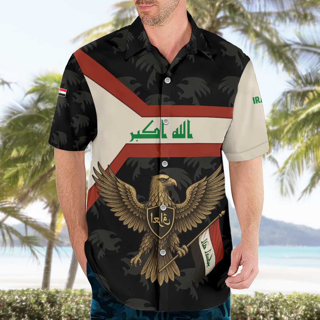 Iraq Golden Eagle Emblem Hawaiian Shirt with Flag Stripes and National Arabic Script Design - Wonder Print Shop